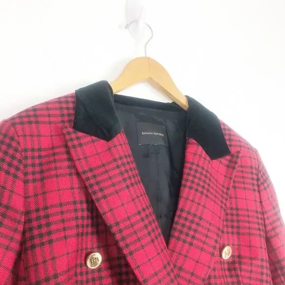Banana Republic Red Plaid Captains Blazer Size 12/ Large Wool Sculptured Preppy